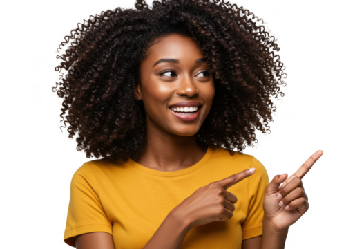 Smiling black woman pointing to the side isolated on transparent background