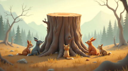 Cartoon woodland animals sitting around a large tree stump in a peaceful autumn forest scene.
