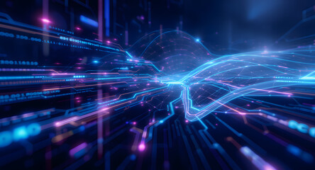 Futuristic Digital Data Flow Background. Abstract Cybernetic Network with Glowing Lines and Particles. Technology and AI Concept.