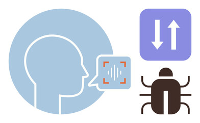 Human profile speaking, speech recognition panel, arrow symbol for data flow, and bug icon. Ideal for artificial intelligence, machine learning, software development, data transmission, debugging