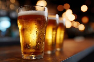 Three chilled beers on a wood bar condensation on the glasses Soft blurred lights in background