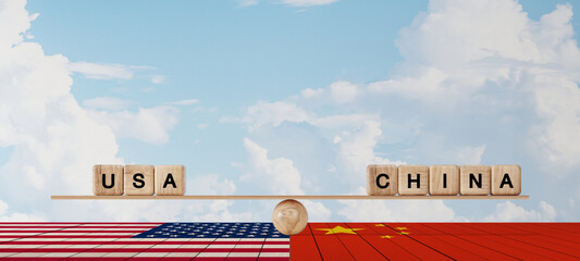 Conceptual image of USA vs China balance. Wooden blocks spelling 