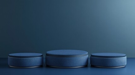 Three textured blue cylindrical podiums on blue background.