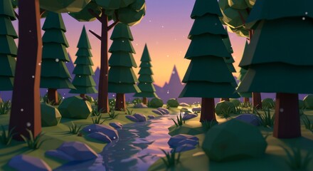 Low-poly 3D rendering of a tranquil forest scene at sunset, featuring a gently flowing stream.
