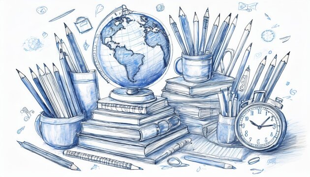Creative representation of school supplies and a globe in a cozy study environment emphasizing education and exploration - Powered by Adobe