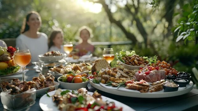 Outdoor family meal with variety of delicious food and drink on table, warm sunlight creating joyful and inviting atmosphere in garden setting