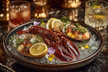 A beautifully presented seafood platter with lobster, scallops, and lemon, arranged on crushed ice, a luxurious culinary experience for discerning palates.