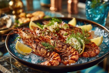 A delectable plate of grilled tiger prawns, adorned with fresh lemon slices and herbs, resting on crushed ice, creating a visually appealing culinary masterpiece, ready for serving.