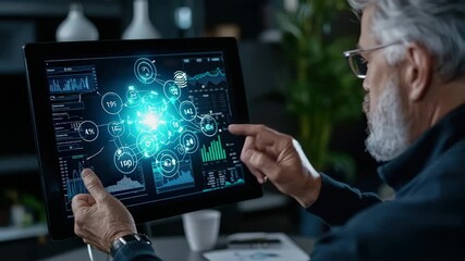 Data analysis technology featuring futuristic digital interface with interactive graphs and statistics computer screen for advanced data visualization - Powered by Adobe