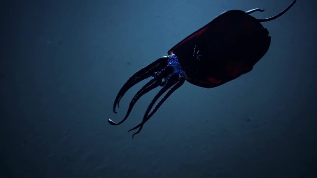 A dramatic underwater video shot of a squid from a low angle, highlighting its silhouette against a dimly lit, deep blue background. Live desktop wallpaper.