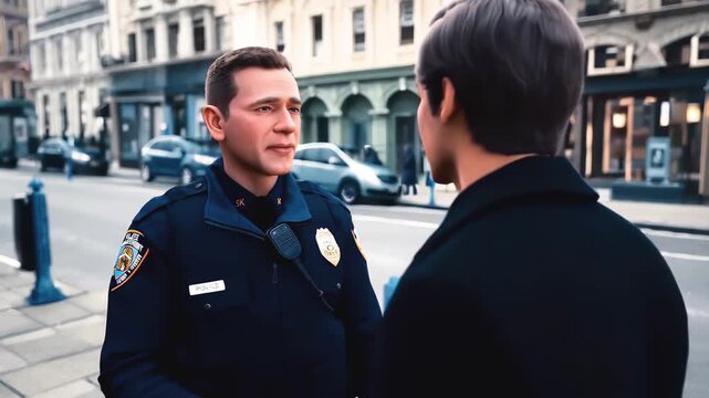 animated Police officer is talking to man on street. patrol officer interacts with citizen. cartoon police officer talks to civilian on city street, issuing warning or conducting routine check.