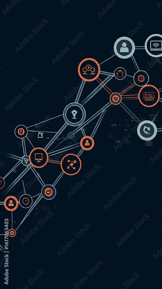 Poster animated abstract network with blue and orange nodes connected system