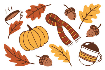 Autumn elements with pumpkin scarf and hot drinks fall