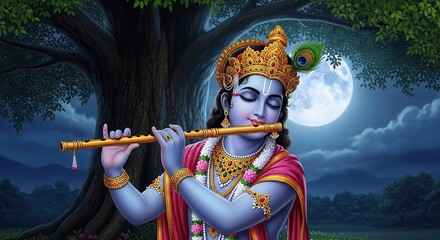 "Little Krishna Playing Flute – Janmashtami Festival Illustration on White Background"