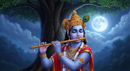 "Little Krishna Playing Flute – Janmashtami Festival Illustration on White Background"