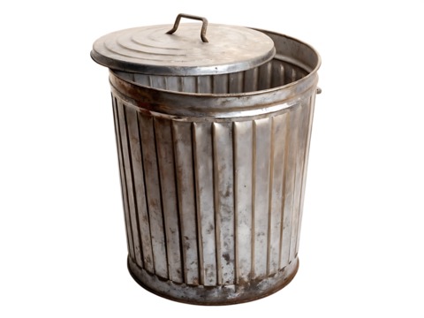 Weathered metal bin with lid isolated on a transparent background