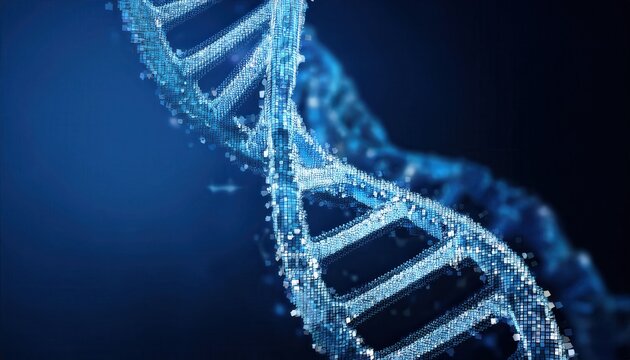 Pixelated DNA helix design illuminated against a dark blue backdrop