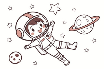 Cute cartoon child in astronaut suit floating in space