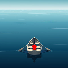 A man in a boat in the middle of an endless ocean with an empty horizon, a metaphor for the loss of meaning in life, direction, loneliness, and a lack of purpose.