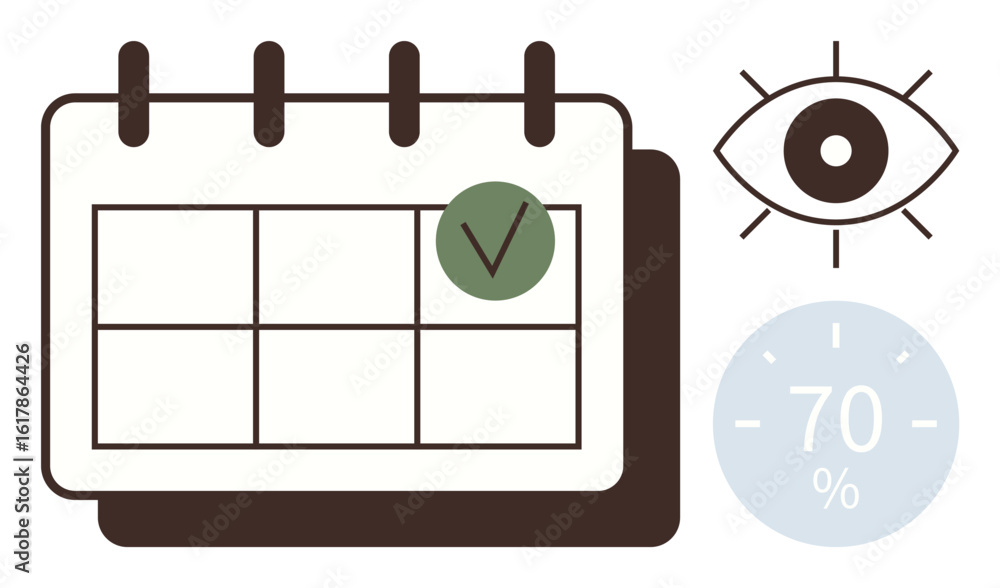 Poster calendar marked with a check for completion, eye icon for focus, and 70 progress indicator. ideal fo