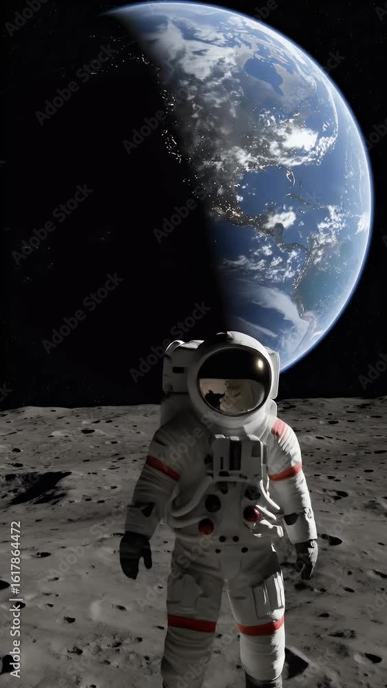 Poster astronaut standing on moon surface with earth view realistic 3d render