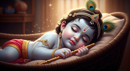 "Little Krishna Playing Flute – Janmashtami Festival Illustration on White Background"