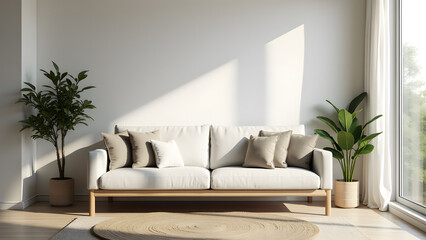 Modern Minimalist Living Room Interior with Neutral Sofa and Indoor Plants