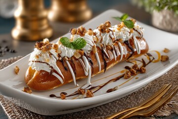 A delectable éclair dessert on a white plate, topped with whipped cream, chocolate drizzle, nuts and garnished with mint leaves, a sweet pastry delight.
