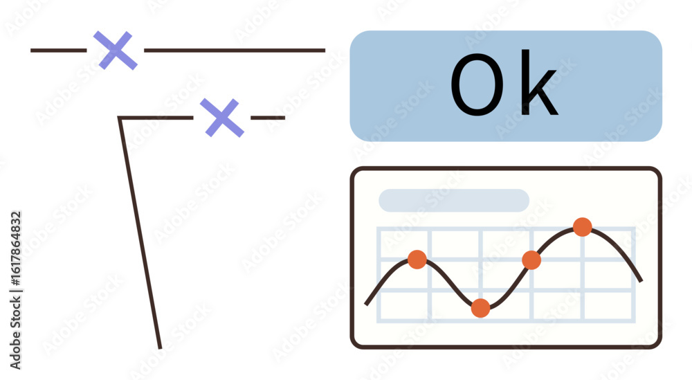 Poster trend graph with data points connected by lines, decision tree branches marking paths, and approval 
