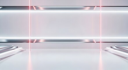 A futuristic white room with neon lights and reflective surfaces creating a modern aesthetic space