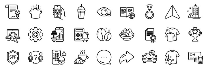 Delegate question, Clean t-shirt and Medicine line icons pack. Share, Message, Paper plane icons. Coffee beans, Cyber attack, Fitness app web icon. Spf protection, Internet, Medal pictogram. Vector