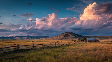 Montana Countryside: Sunset over Helena Ranch with Dramatic Clouds and Wind
