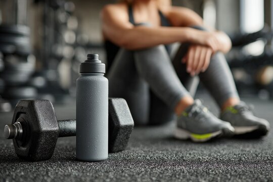 Close up of water bottle and dumbbell with sportswoman resting on floor in gym after workout