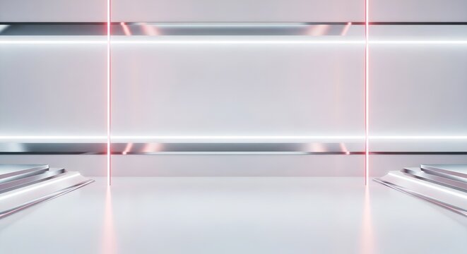 A futuristic white room with neon lights and reflective surfaces creating a modern aesthetic space