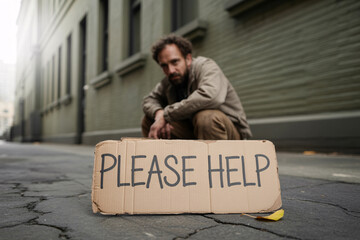Man with weathered "Please help" sign resting on cracked pavement. Poignant urban scene highlighting hardship and vulnerability