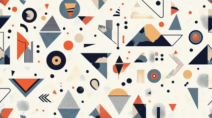 Abstract geometric pattern with triangles, circles, and lines in orange, grey, and beige on a white background.
