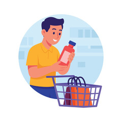 Man reading label on item in shopping aisle, ready to use illustration