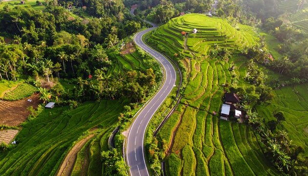 Aerial view of winding road through lush green rice terraces and tropical forest landscape