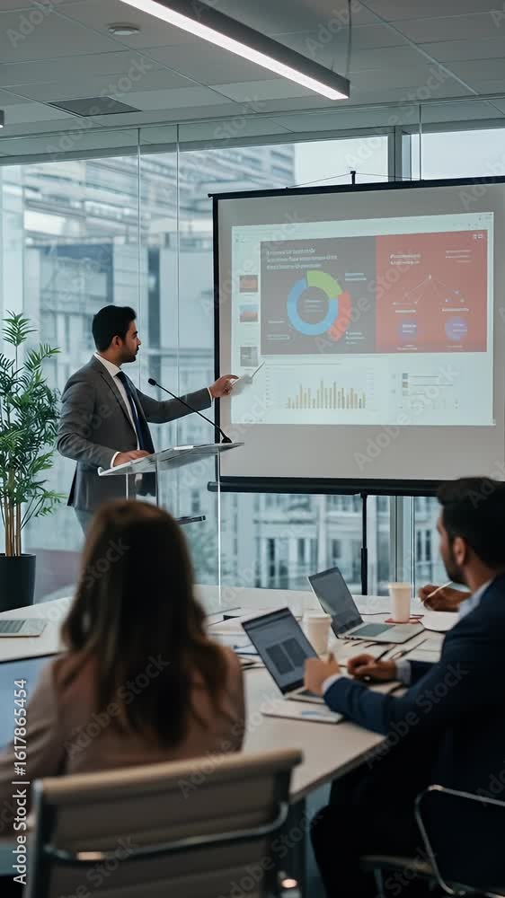 Poster business presentation in office with team people and projector display data
