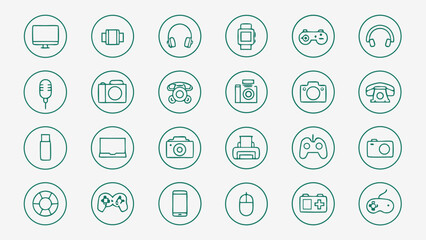 Collection of hand drawn icons representing technology and everyday objects in oval frames