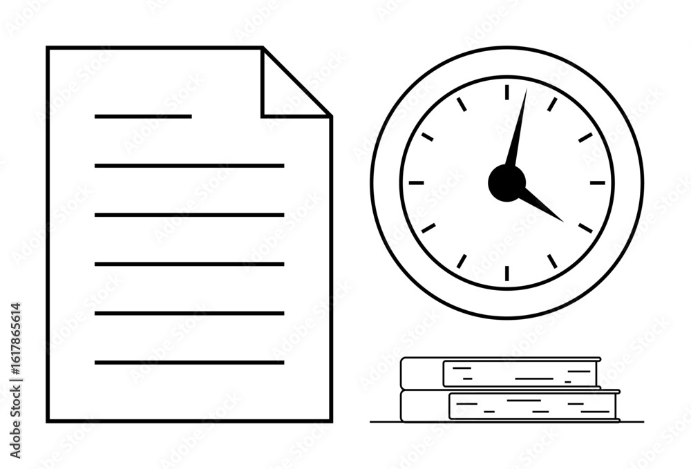 Poster clock with clear markers next to a document and stack of books, emphasizing productivity, deadlines,