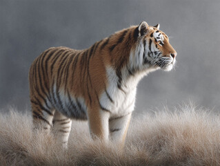 Naklejka premium Majestic tiger standing proudly in tall grass, looking towards the horizon. Evokes strength, wildness, and determination. Perfect for nature, conservation, and strength concepts.