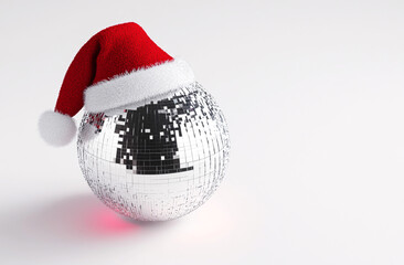 Sparkling disco ball wearing a santa hat for christmas celebration