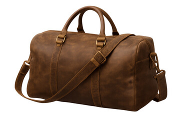 Elegant brown leather duffel bag with handles and shoulder strap, perfect for travel or gym. Isolated on a transparent background