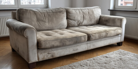Worn out sofa with visible stains sits in bright living room, adding rustic charm to space