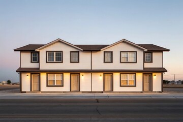 Symmetrical white duplex house with dark trim under a clear evening sky