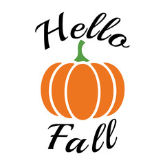 Logo con texto manuscrito hello fall en círculo alrededor de una silueta de calabaza para felicitaciones y tarjetas © teracreonte