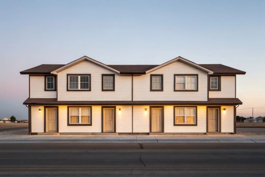 Symmetrical white duplex house with dark trim under a clear evening sky