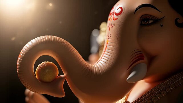 Divine Ganesha Idol Holding Modak, Illuminated by Warm Light. Spiritual and Cultural Symbol.