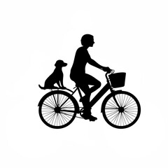 Obraz premium Silhouette of person cycling with dog in basket on white background